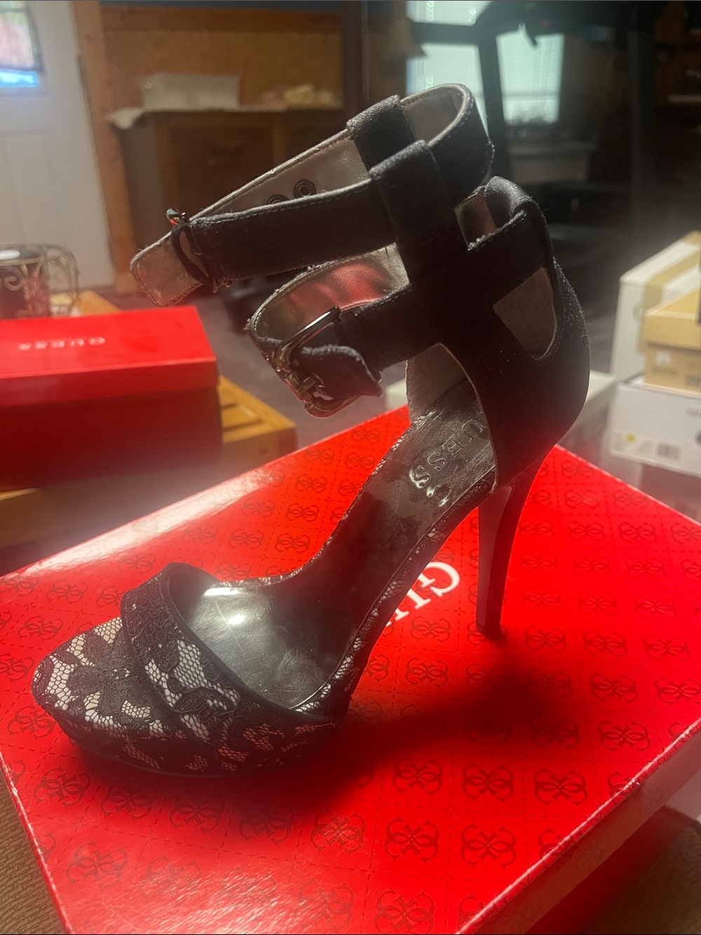 GUESS Black Lace Open-Toe Stiletto Sandals with Studded Ankle Strap - Picture 3 of 3